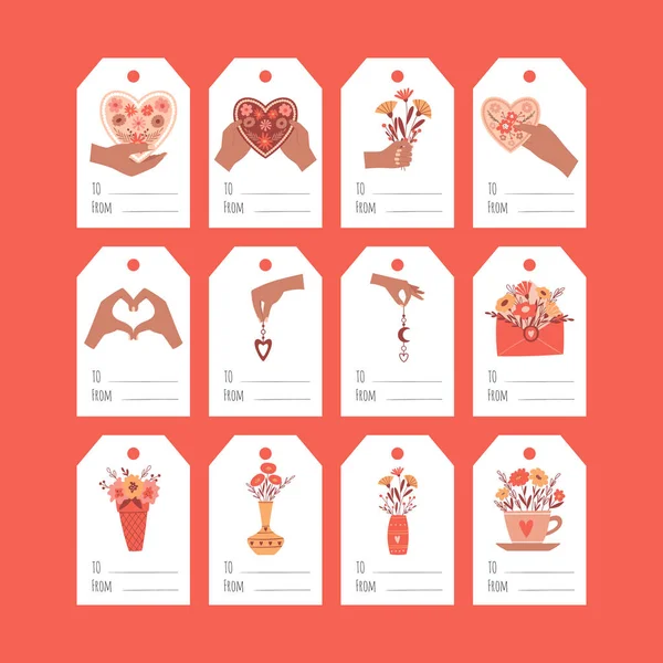 Set Gift Tags Valentine Day Hands Hold Heart Bouquet Flowers — Stockvector