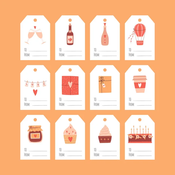 Set Gift Tags Valentine Day Sweets Bottle Air Balloon Collection — Stock vektor