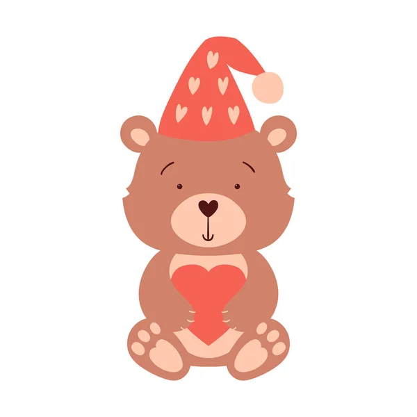 Urso Bonito Chapéu Senta Segura Coração Suas Patas Personagem Estilo —  Vetores de Stock