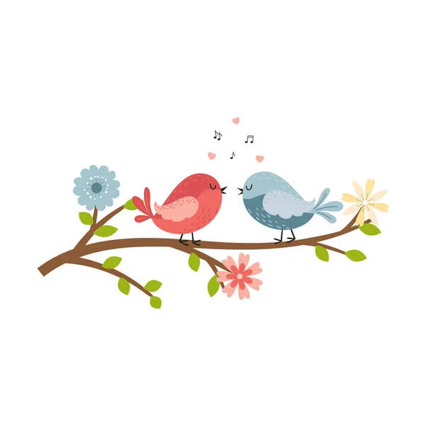 Дві Милі Мультяшні Закохані Пари Птахів Сидять Гілці Квітами Хрусткими — стоковий вектор