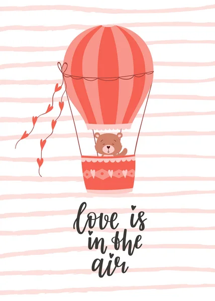 Cartão Dia Dos Namorados Com Urso Bonito Voando Balão Uma — Vetor de Stock