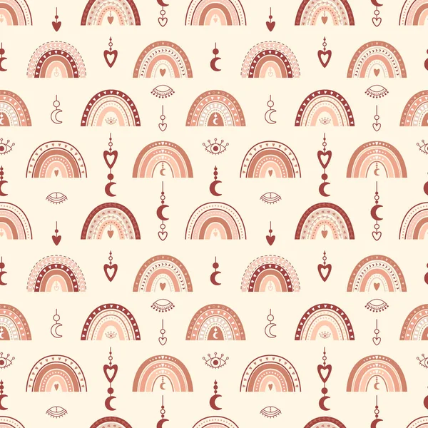Boho gökkuşakları, kalpler, tarafsız pastel renklerde hilal şeklinde ay deseni. Ambalaj kağıdı tasarımı için mükemmel. Açık bej arkaplanda vektör çizimleri