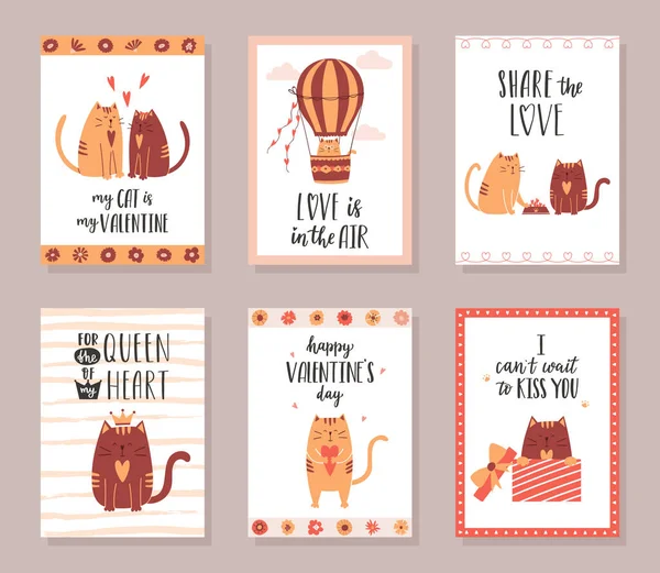 A set of greeting cards for Valentine's day with handwritten lettering phrases and cute cats in love. A cat in a balloon, a cat gives a heart. Vector illustrations in cartoon style