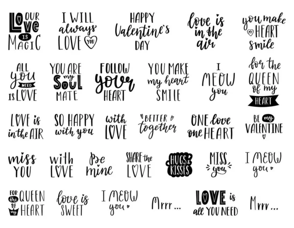 stock vector A set of handwritten words and phrases for the design of Valentine's Day cards. Hand lettering. Black and white hand-drawn vector silhouettes isolated on a white background