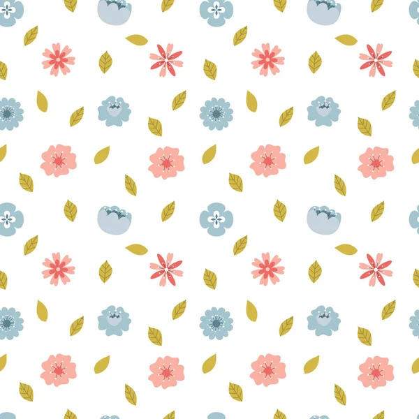 Nahtloses Muster Mit Handgezeichneten Einfachen Frühlingshaften Rosa Und Blauen Blüten — Stockvektor