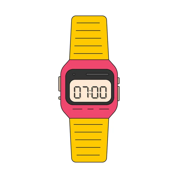 レトロな電子腕時計 7時表示に ブレスレット付きの腕時計 アウトラインのアイコン 白を基調としたベクトルイラスト — ストックベクタ