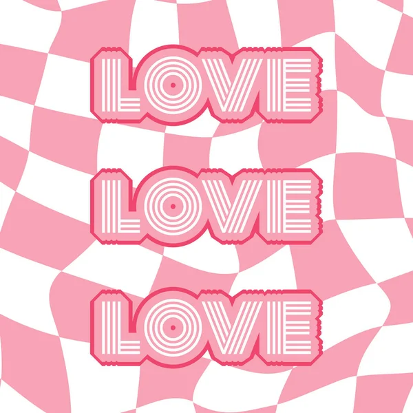 愛と正方形のレトロカードタイポグラフィのフレーズ アウトライン付きのテキスト構成 ピンクのチェックボードの背景のベクトルポスター — ストックベクタ
