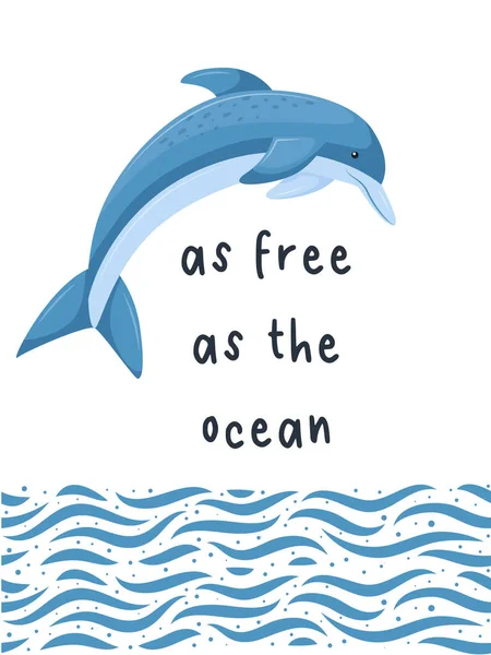 Μια Ορθογώνια Κάρτα Ένα Δελφίνι Που Πηδάει Μια Αφηρημένη Θάλασσα — Διανυσματικό Αρχείο