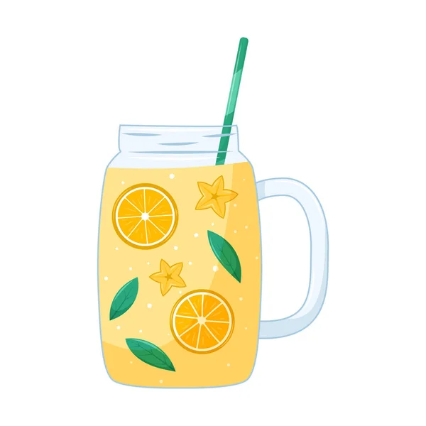 柑橘类饮料在透明的玻璃瓶中 与稻草和切片异国情调的水果 夏天和健康的饮料在卡通风格的白色背景 矢量说明 — 图库矢量图片