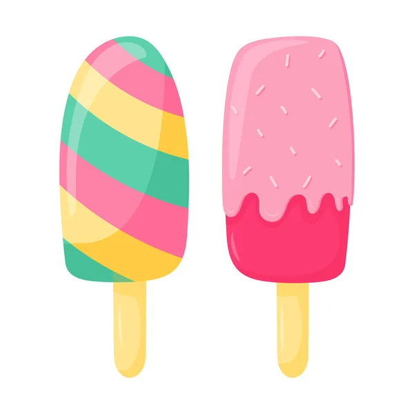 冰棒上的冰棒 带条纹的水果冰和经典的冰和洒水 甜食甜点夏天的象征在白色背景上孤立的平面卡通风格的矢量插图 — 图库矢量图片