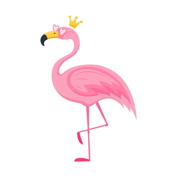 Симпатичный Розовый Фламинго Розовых Очках Короне Персонаж Птица Стоит Изогнутой — стоковый вектор