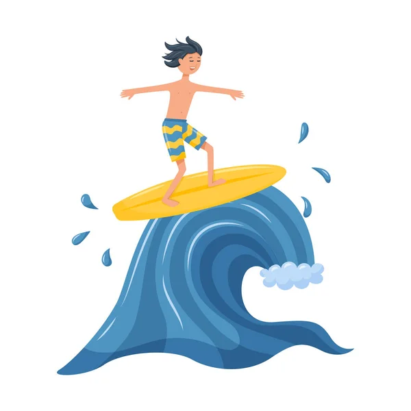黒い髪の少年がサーフボードで波に乗っている 10代の若いキャラクターは サーフィン ウォータースポーツに従事している 白地に隔離されたフラットな漫画風のベクトルイラスト — ストックベクタ