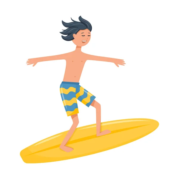 黒い髪の少年がサーフボードに乗っている 10代の若いキャラクターは サーフィン ウォータースポーツに従事している 白地に隔離されたフラットな漫画風のベクトルイラスト — ストックベクタ