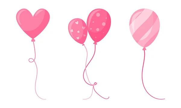 Rosa Festliga Ballonger Klassisk Form Och Hjärtform Randig Med Cirklar — Stock vektor