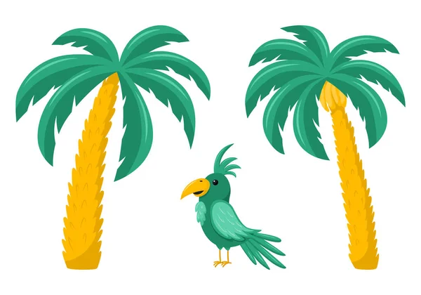 Тропические Пальмы Попугай Экзотические Растения Животные Пальма Бананами Векторная Иллюстрация — стоковый вектор