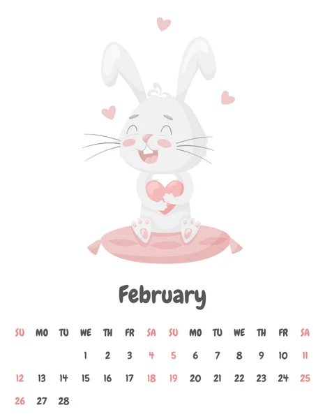 Strona Kalendarza Miesiąc Luty 2023 Uroczym Królikiem Siedzącym Różowej Poduszce — Wektor stockowy