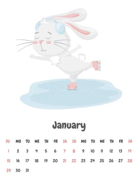 Pagina Del Calendario Mese Gennaio 2023 Con Simpatico Coniglio Che — Vettoriale Stock