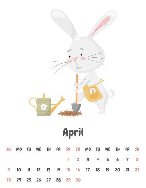 Сторінка Календаря Місяць Квітня 2023 Року Милим Кроликом Копає Лопатою — стоковий вектор