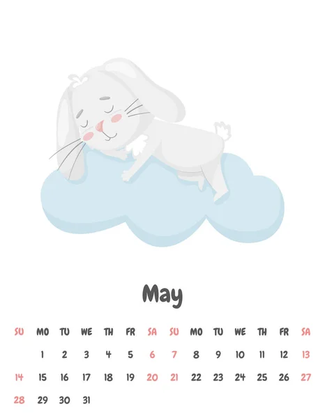 Сторінка Календаря Місяць 2023 Року Милим Усміхненим Кроликом Який Спить — стоковий вектор