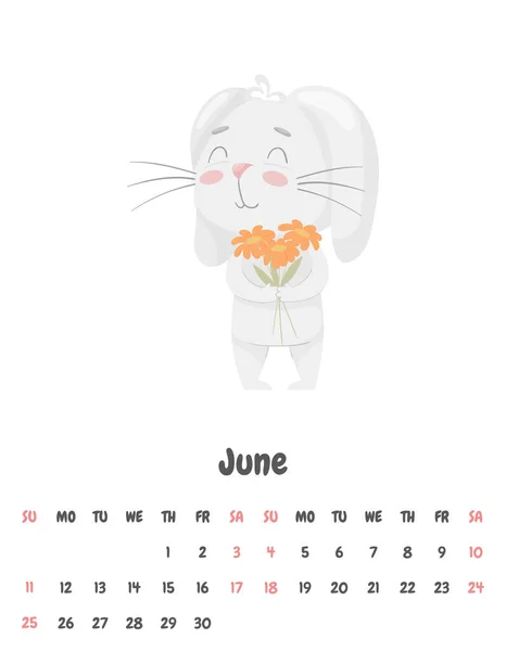 Kalendář Stránky Měsíc Červen 2023 Roztomilým Usmívajícím Králíkem Drží Kytici — Stockový vektor