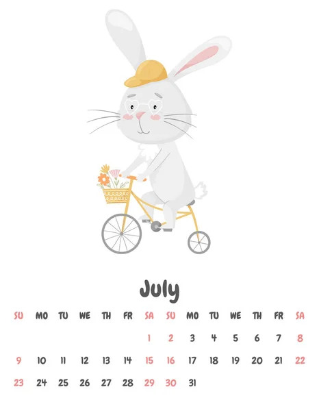Pagina Del Calendario Mese Luglio 2023 Con Simpatico Coniglio Sorridente — Vettoriale Stock