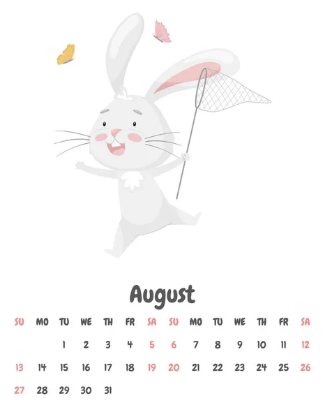 Сторінка Календаря Місяць Серпня 2023 Року Милим Смішним Кроликом Який — стоковий вектор