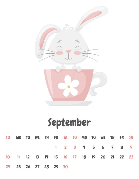 Pagina Del Calendario Mese Settembre 2023 Con Simpatico Coniglio Divertente — Vettoriale Stock