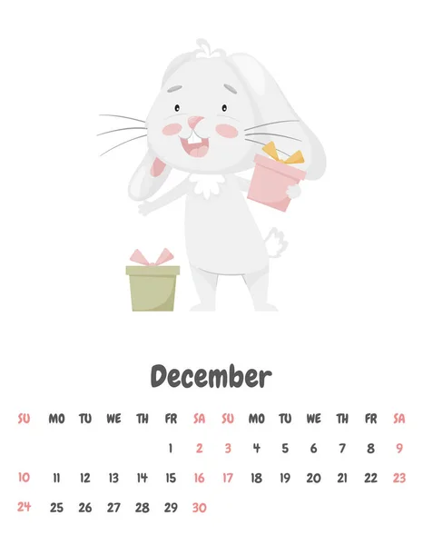 Pagina Del Calendario Mese Dicembre 2023 Con Simpatico Coniglio Felice — Vettoriale Stock