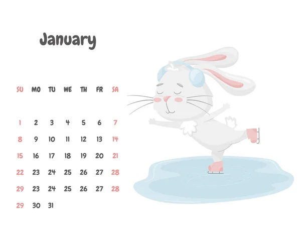 Kalendář Stránky Pro Měsíc Leden 2023 Roztomilou Králičí Bruslení Kluzišti — Stockový vektor