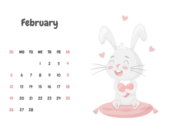 Pagina Del Calendario Mese Febbraio 2023 Con Simpatico Coniglio Seduto — Vettoriale Stock
