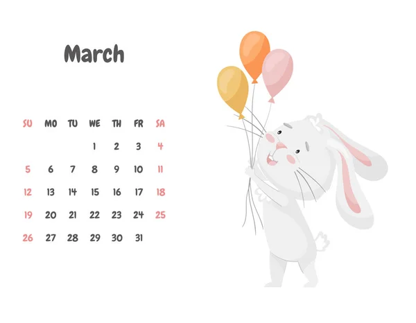2023年3月的日历页上 一只可爱的笑着的兔子手里拿着节日气球 可爱的动物 一个涂满彩色的角色 白色背景上的矢量说明 — 图库矢量图片