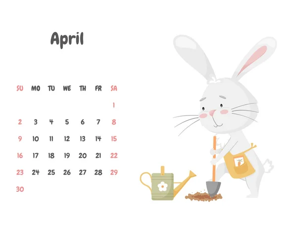 Kalendář Stránky Měsíc Duben 2023 Roztomilým Králíkem Kopání Lopatou Výsadba — Stockový vektor