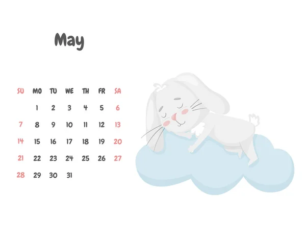 Kalendář Stránky Měsíc Květen 2023 Roztomilým Usměvavým Králíkem Spícím Mraku — Stockový vektor