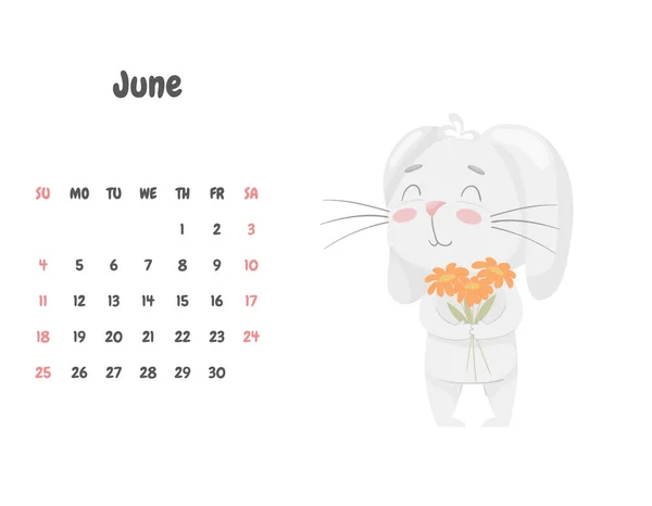 Kalendář Stránky Měsíc Červen 2023 Roztomilým Usmívajícím Králíkem Drží Kytici — Stockový vektor