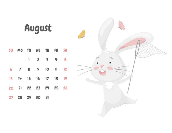 2023年8月のカレンダーページネットで蝶をキャッチかわいい面白いウサギと 愛らしい動物 パステルカラーのキャラクター 子供のカレンダー 白地のベクターイラスト — ストックベクタ