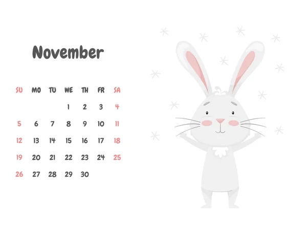 Pagina Del Calendario Mese Novembre 2023 Con Simpatico Coniglio Sorridente — Vettoriale Stock