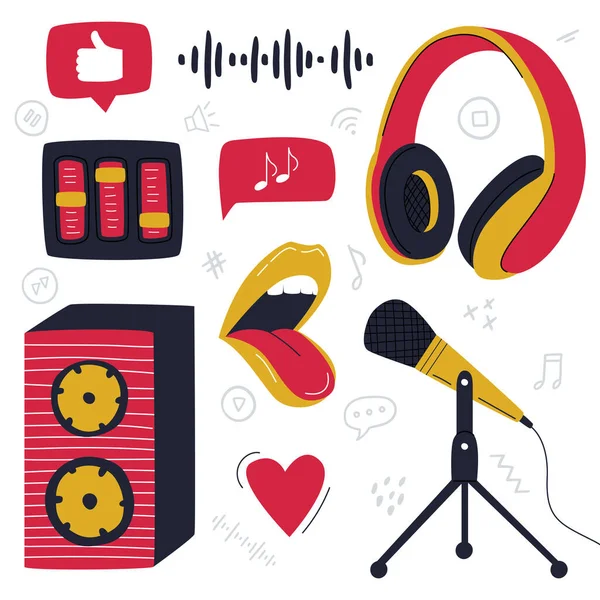 Een Set Designelementen Van Een Podcasting Muzikaal Opnameapparaat Ear Hoofdtelefoon — Stockvector
