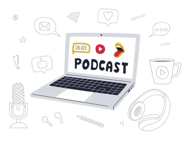 ドアアウトラインポッドキャスト要素 シンボル アイコンのセット Podcastの単語でノートパソコンを開き 口を開いて画面上で再生ボタン マイク ヘッドフォン 白いベクトルイラスト — ストックベクタ