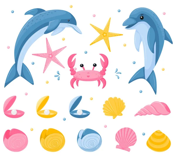 Набор Морских Подводных Животных Дельфины Крабы Ракушки Морские Звезды Симпатичные — стоковый вектор