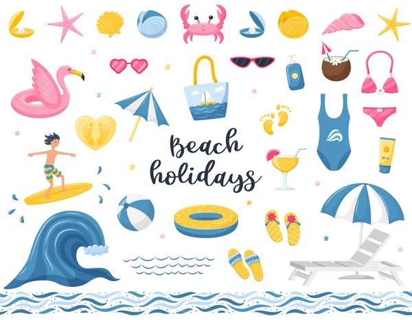Set Summer Beach Decorative Elements Beach Bag Flamingo Lifebuoy Diving — Stock Vector