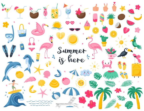 A large collection of bright summer design elements. Cocktails, botany, animals, beach accessories, tropical fruits, sweet food. Cute vector illustrations in Flat cartoon style isolated on white.