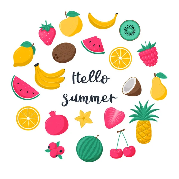 圆形的组成与明亮的热带夏季水果和浆果 猕猴桃 在白色背景上孤立的平面卡通风格的矢量插图 — 图库矢量图片