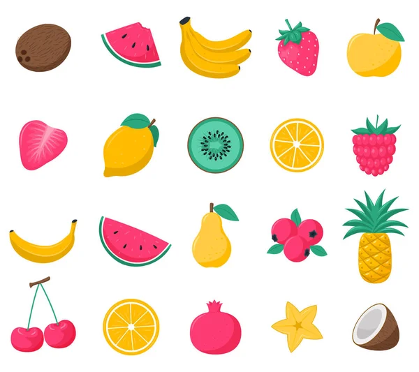 Eine Reihe Heller Tropischer Sommerfrüchte Und Beeren Erdbeeren Kokosnüsse Ananas — Stockvektor