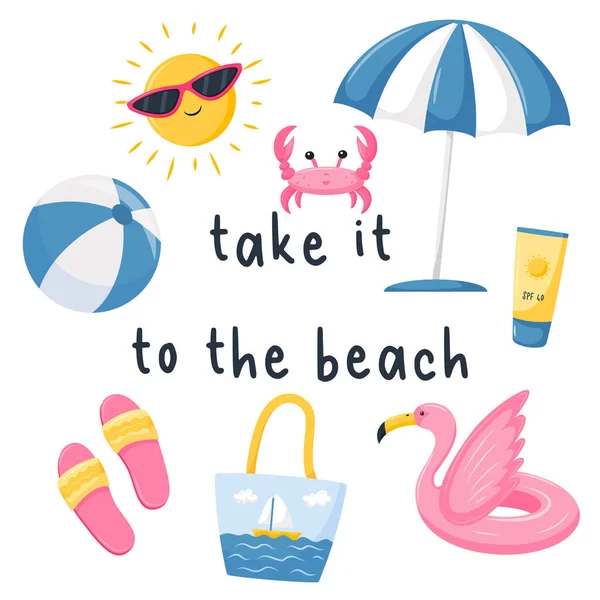 Una Cartolina Quadrata Con Articoli Spiaggia Una Salvagente Ombrellone Crema — Vettoriale Stock