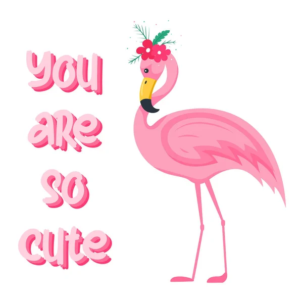 Niedliche Schöne Rosa Flamingo Mit Einem Blumengesteck Auf Dem Kopf — Stockvektor