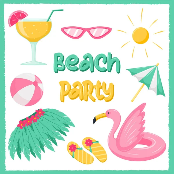 海滩派对方块明信片与海滩的东西 充气火烈鸟圈 鸡尾酒 球和包 一个包含夏季元素的媒体模板 平面卡通风格的矢量图解 — 图库矢量图片