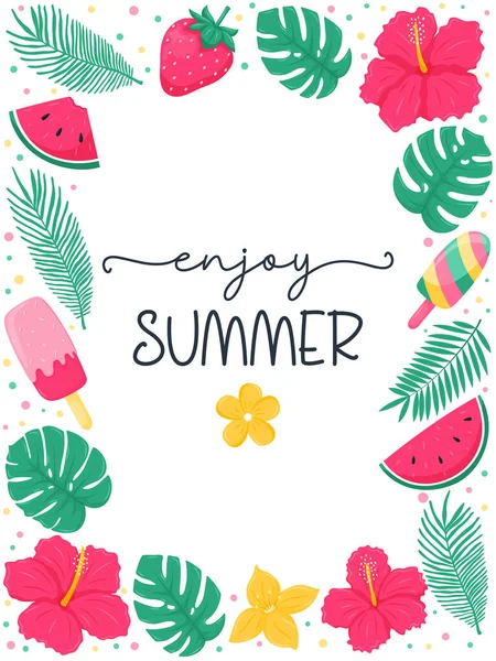 矩形夏季卡片 框架与明亮的芙蓉花 草莓和热带棕榈和季风叶 和文字 享受夏天 白色平面卡通风格的矢量图解 — 图库矢量图片