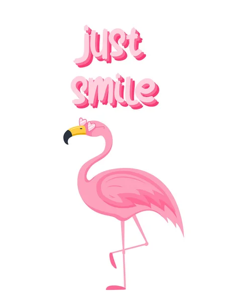 可爱的粉色火烈鸟 配上粉色心形眼镜和文字 只要微笑 夏季明信片或儿童T恤衫的印刷品 白色背景上平面卡通风格的矢量插图 — 图库矢量图片