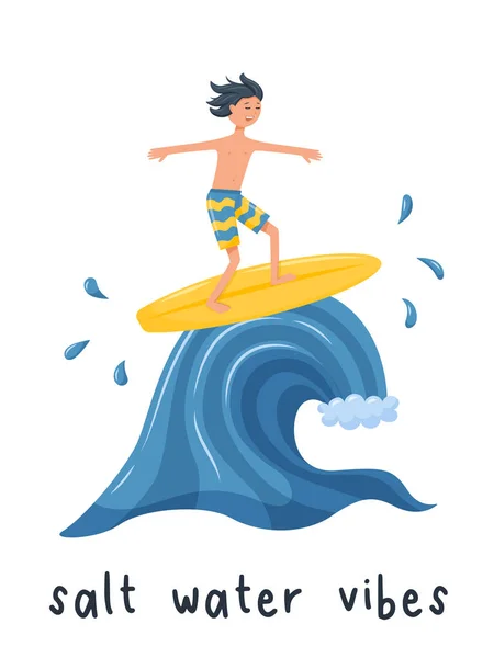 海の波を駆け抜けるサーファーの少年の絵葉書 サーフボードの上の幸せな男 単語と服に印刷 塩水の振動 白地に平たい漫画風のベクトルイラスト — ストックベクタ