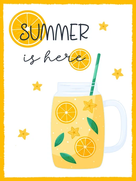 Rechteckige Sommerkarte Mit Orangefarbener Limonade Glas Zitrusfrüchte Und Minzblätter Erfrischendes — Stockvektor